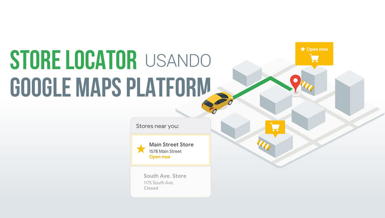 Um mapa com um carro amarelo. A imagem representa o recurso Store Locator, da Plataforma Google Maps.