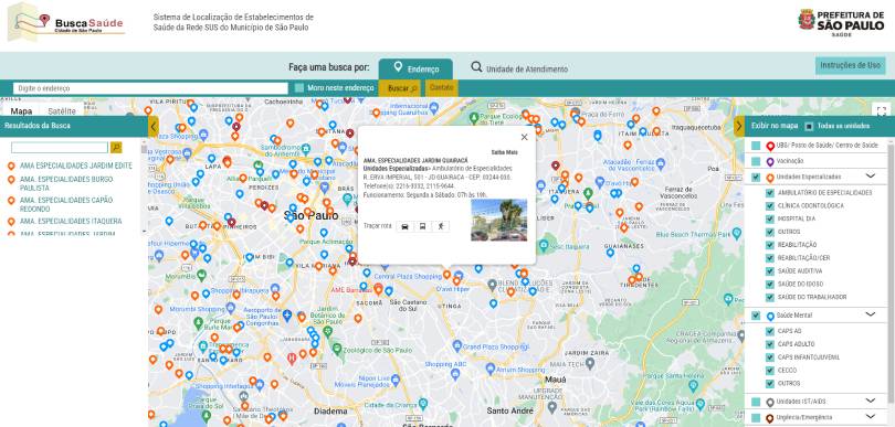 Captura de tela com o mapa do Busca Saúde e marcações personalizadas de estabelecimentos de saúde na cidade de São Paulo.