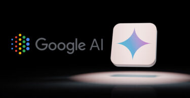 Um close do logotipo do Gemini IA do Google em um fundo preto.