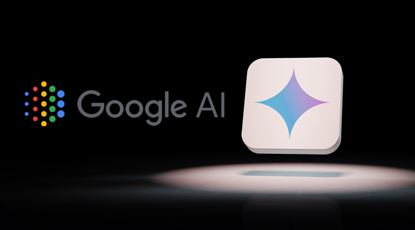 Um close do logotipo do Gemini IA do Google em um fundo preto.