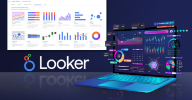 Um laptop sentado mostrando em sua tela diferentes modelos de gráficos. A imagem apresenta fundo azul e o logo do recurso Looker.