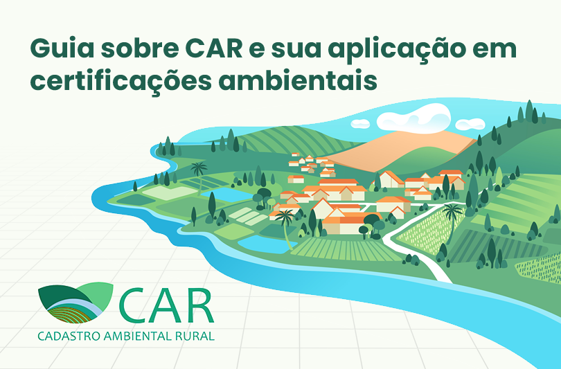 Um mapa de uma área rural com um rio passando por ela. Texto que acompanha a imagem: Guia sobre CAR (Cadastro Ambiental Rural) e sua aplicação em certificações ambientais.