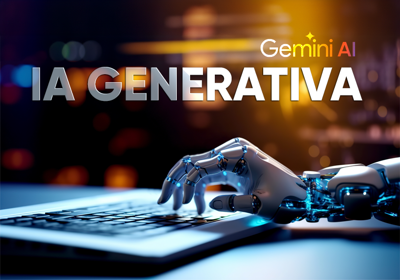 Uma mão robótica digitando em um teclado de laptop. Na imagem, aparece o logo do Gemini AI, com a escrita IA Generativa.