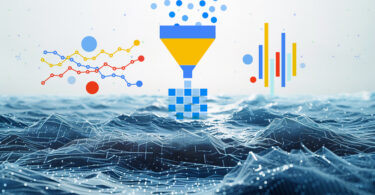 Um vaso azul e amarelo em cima de um corpo de água, o que representa a tradução literal de data lake.