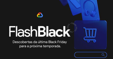 Um fundo preto com as palavras "FlashBlack - Descobertas da últma black friday para a próxima temporada." e um carrinho de compras.