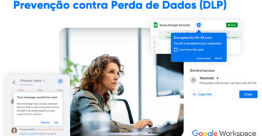 Uma mulher sentada em frente a um laptop. Na imagem, aparecem prints com alertas de segurança a partir de ações de Data Loss Prevention.
