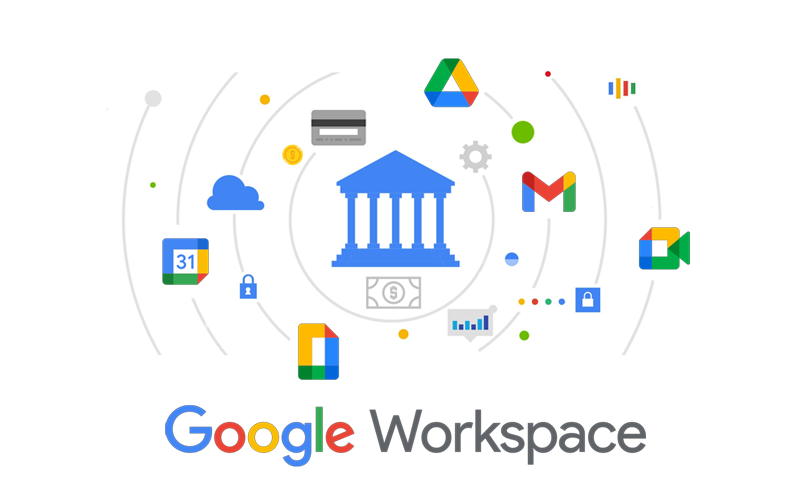 Ilustração do Google Workspace com ícones do Google Drive, Gmail, Google Meet, Google Agenda, Google Docs e Planilhas ao redor de uma imagem de um prédio, representando Instituições Financeiras.