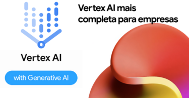 Anúncio do Google Vertex AI com o texto “Vertex AI mais completa para empresas”, exibindo um logotipo e uma forma abstrata colorida. Inclui um botão rotulado “com Generative AI.”.