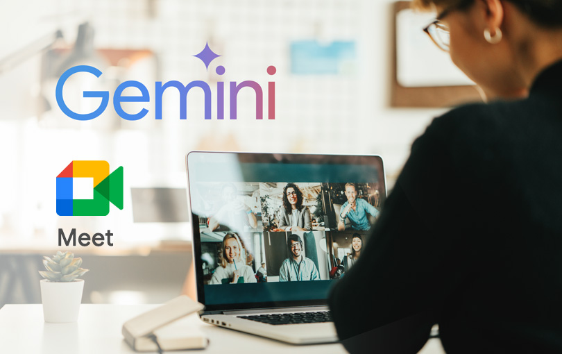 Uma pessoa está usando um laptop para uma videochamada com vários participantes. A palavra "Gemini" está exibida na parede em letras coloridas.