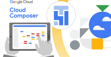 Ilustração de uma mão em tons de cinza segurando um tablet em frente a um fundo branco. Na imagem também está o logo do Google Cloud Composer.