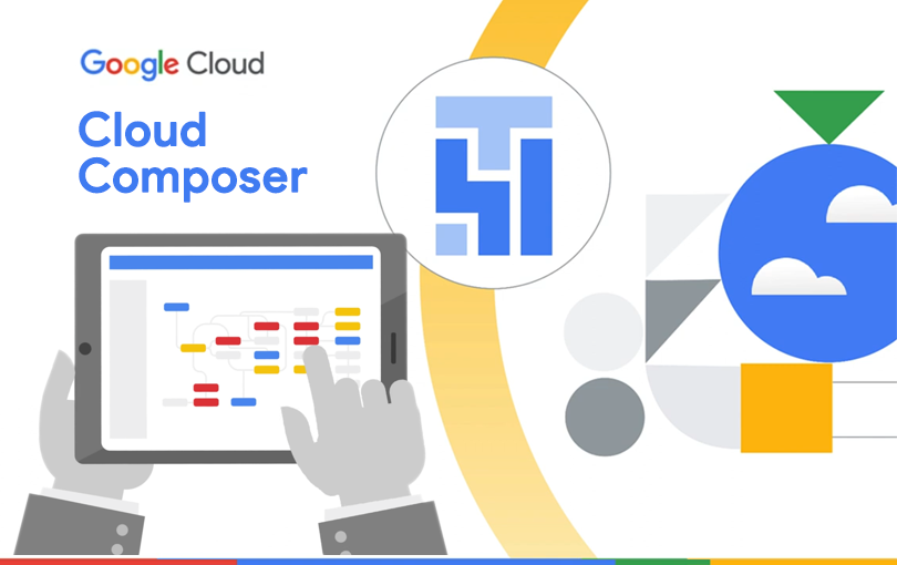 Ilustração de uma mão em tons de cinza segurando um tablet em frente a um fundo branco. Na imagem também está o logo do Google Cloud Composer.